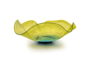 Liz Lacey; Large glass free-form bowl with cobalt blue and turquoise circular inclusion on a yellow ground