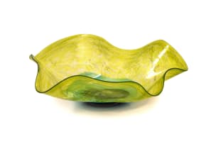 Liz Lacey; Large glass free-form bowl with cobalt blue and turquoise circular inclusion on a yellow ground