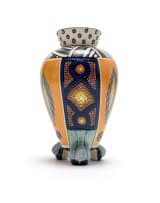 Andile Dyalvane; Claw-footed vase painted with abstract patterns and feather motifs