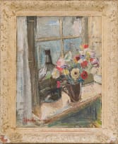 Freida Lock; Still Life with Bottle and Flowers on a Window Pane
