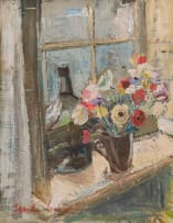 Freida Lock; Still Life with Bottle and Flowers on a Window Pane