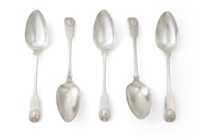 Five Cape silver fiddle and shell pattern spoons, John Townsend, c.1824-1841