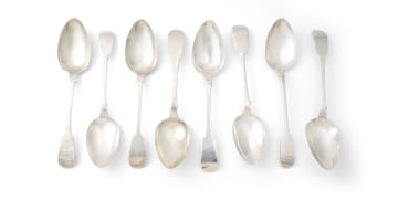 Eight Cape silver miscellaneous fiddle pattern spoons, Thomas Lock Townsend, c.1815-1849