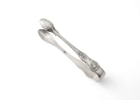 A pair of King's pattern Cape silver sugar tongs, Lawrence Holme Twentyman, c.1818-1852; and four miscellaneous teaspoons