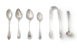 A pair of King's pattern Cape silver sugar tongs, Lawrence Holme Twentyman, c.1818-1852; and four miscellaneous teaspoons