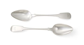 A pair of Cape silver fiddle pattern serving spoons, Lawrence Holme Twentyman, c.1818-1852