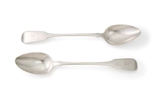 A pair of Cape silver fiddle pattern serving spoons, Lawrence Holme Twentyman, c.1818-1852