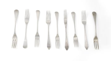 Nine Cape silver konfyt forks, Johannes Combrink and various makers, c.1814-1853