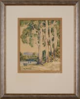 Walter Battiss; Landscape with Trees, Lake and Figures in a Boat