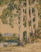 Walter Battiss; Landscape with Trees, Lake and Figures in a Boat