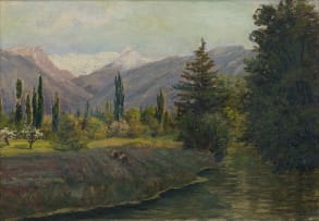 Hulda Grønneberg; River and Trees with Snowy Mountains