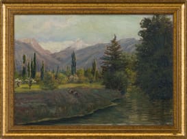 Hulda Grønneberg; River and Trees with Snowy Mountains
