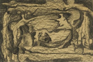 Cecily Sash; Untitled (Abstracted Figures and Hut in a Landscape)