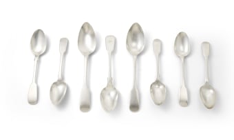 Eight miscellaneous fiddle pattern spoons, Hamilton & Co, c.1815-1970