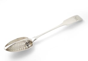 An Irish fiddle pattern silver straining spoon, John Power, Dublin, 1807
