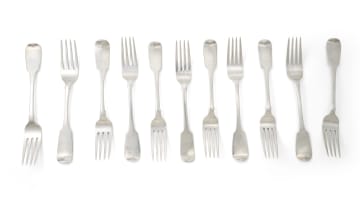Eleven Irish silver fiddle pattern forks, Samuel Neville, Dublin, 1814