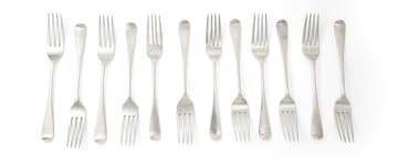 An assembled set of Victorian Old English pattern silver Irish forks, P.W, Dublin, 1846