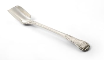 A George III King's pattern silver stilton scoop, Jame Le Bas, Dublin, 1829