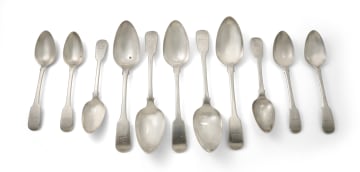 Eleven fiddle pattern silver spoons, Hamilton & Co, c.1815-1970; Twentyman & Company, c.1821