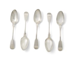 Five Cape silver fiddle pattern teaspoons, Johannes Marthinus Lotter, c.1844-1879