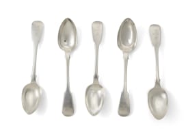 Five Irish silver fiddle pattern teaspoons, James Brady, Dublin, 1833