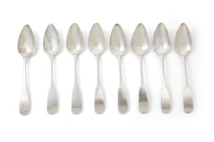Eight silver fiddle pattern teaspoons, Dublin, Maker's mark worn, c.1800