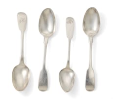 Four Victorian silver fiddle pattern teaspoons, Henry Holland, London, 1864