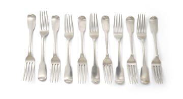 An assembled set of George III silver fiddle pattern forks, James Keating, Dublin, 1814; John Power, Dublin 1814