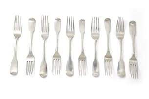 An assembled set of George III silver fiddle pattern forks, James Keating, Dublin, 1814; John Power, Dublin 1814