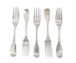 An assembled set of George III silver fiddle pattern forks, James Keating, Dublin, 1814; John Power, Dublin 1814