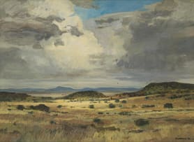Eben van der Merwe; Landscape with Distant Mountains and Storm Clouds
