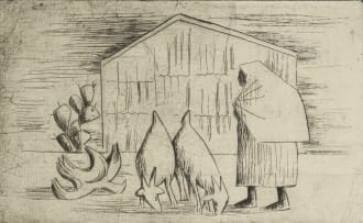 Peter Clarke; A Figure and Goats Near a Barn