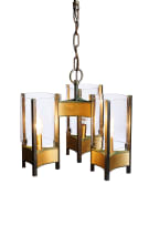 Sciolari Lighting; Three-arm glass brass and steel pendant light, Italy