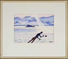 Walter Battiss; Seascape with Distant Mountains, Figure and Sphere