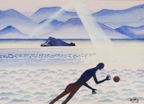Walter Battiss; Seascape with Distant Mountains, Figure and Sphere