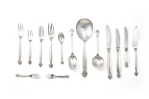 A set of Georg Jensen silver 'Acanthus' pattern flatware, designed in 1917 by Johan Rohde, .925 sterling, c.1945-1977