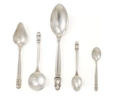A part set of Georg Jensen silver 'Acorn' pattern flatware, designed in 1915 by Johan Rohde, .925 sterling, c.1945-1977