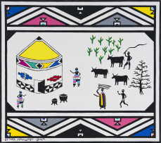 Esther Mahlangu; Untitled (Homestead with Ndebele Pattern)