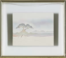 Barry Dibb; Tiles decorated with landscape and tree, two