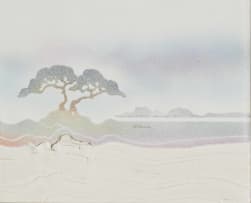 Barry Dibb; Tiles decorated with landscape and tree, two