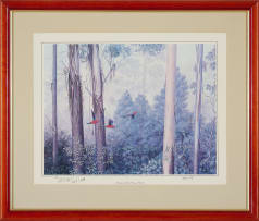 Richard Weatherly; Mountain Ash and Crimson Rosellas; Red-Tailed Black-Cockatoo, two