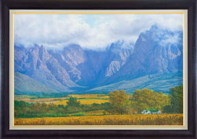 Casey van der Leek; Farm Landscape with Mountains in the Distance