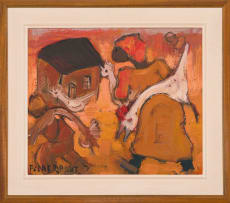 Frans Claerhout; Figures with Chickens beside a Cottage