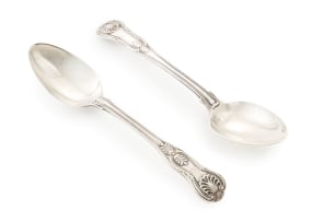 Two George IV and William IV King's pattern silver spoons, Francis Higgins II, Mary Chawner, London, 1827 and 1835