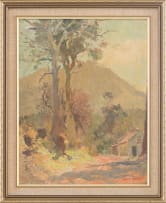 Frank Spears; Cottage and Trees beneath a Mountain