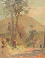 Frank Spears; Cottage and Trees beneath a Mountain