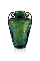 Art Nouveau-style iridescent glass vase with wrought iron scroll handles