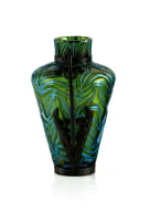 Art Nouveau-style iridescent glass vase with wrought iron scroll handles