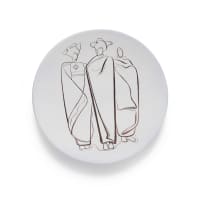 Kalahari Studio; Plate with line drawings of three figures wrapped in blankets