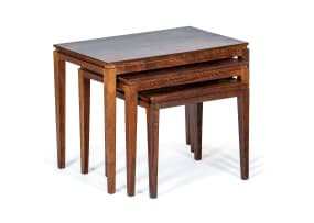 E.E. Meyer; Set of three Imbuia nesting tables for Binnehuis, South Africa